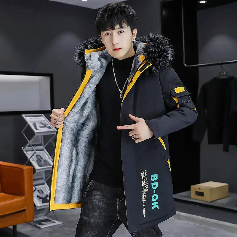 Winter men's long down jacket with fur-trimmed hood, navy with yellow accents, Simples Market BD-OK logo