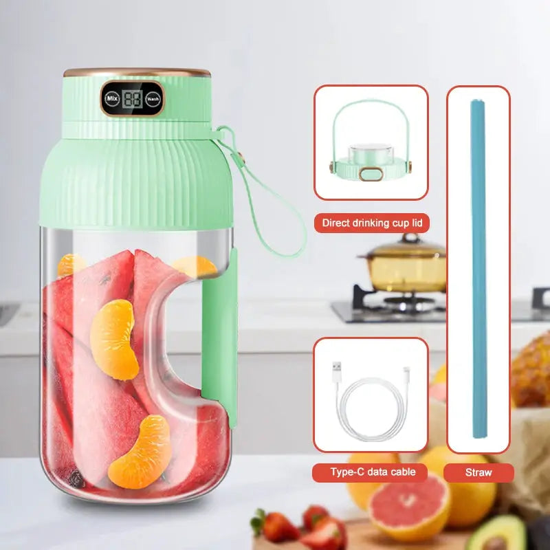 Simples Market 1000ml portable juicer blender in mint green with USB charging, includes direct-drinking lid and straw.