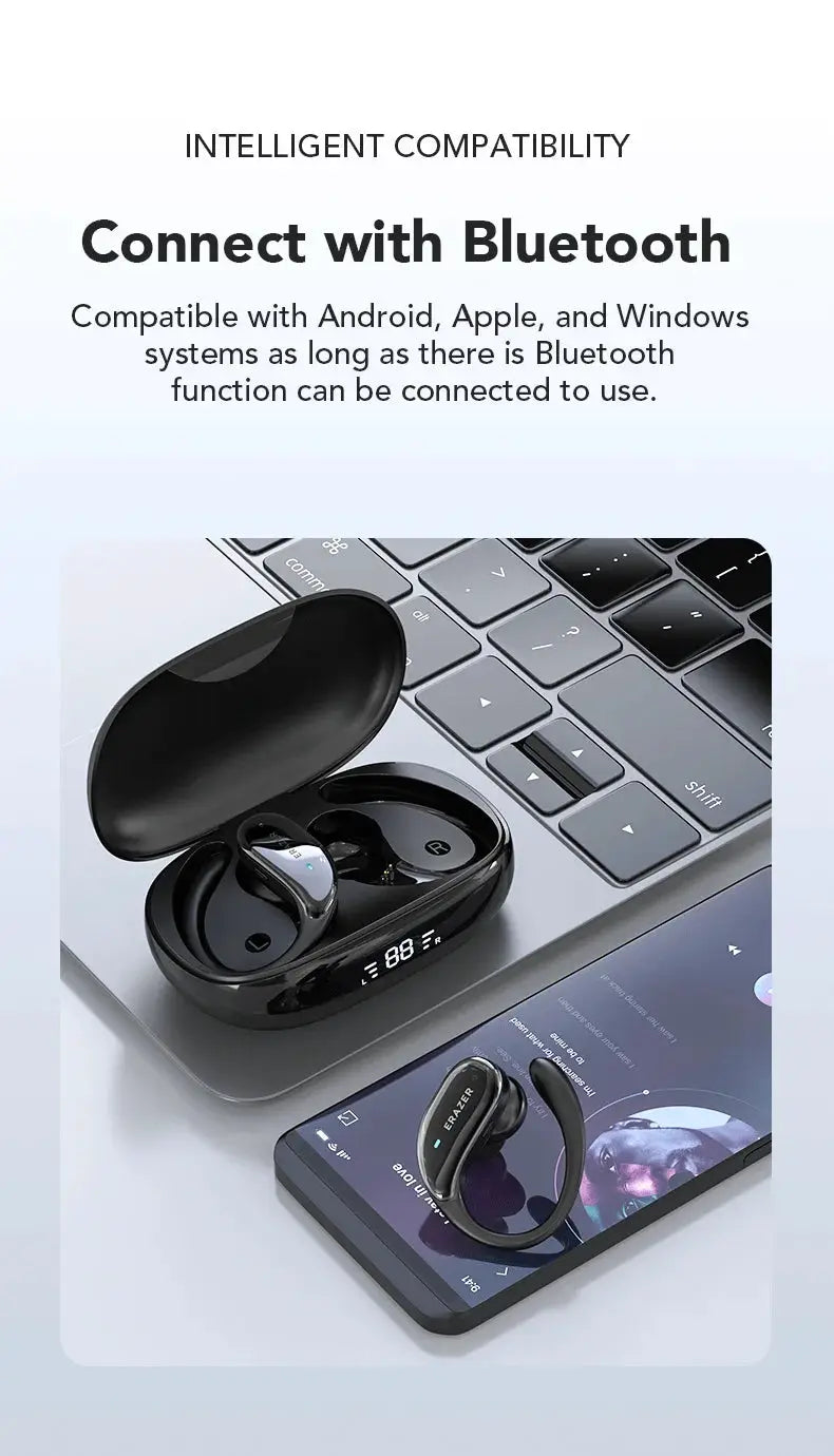ERAZER XT80pro TWS AI Bluetooth wireless earphones with black glossy charging case and earhook design