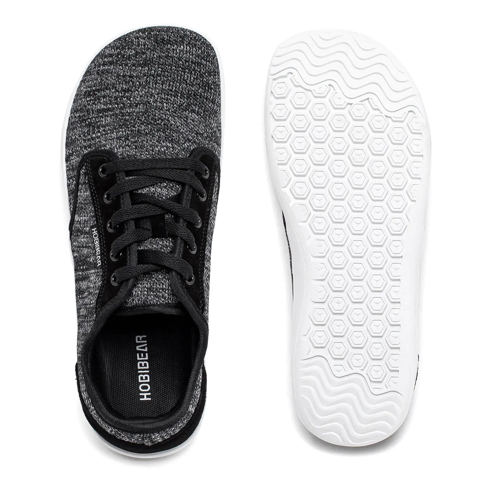 HOBIBEAR Men Minimalist Barefoot Shoes pair, black/gray knit upper with white hex-pattern sole