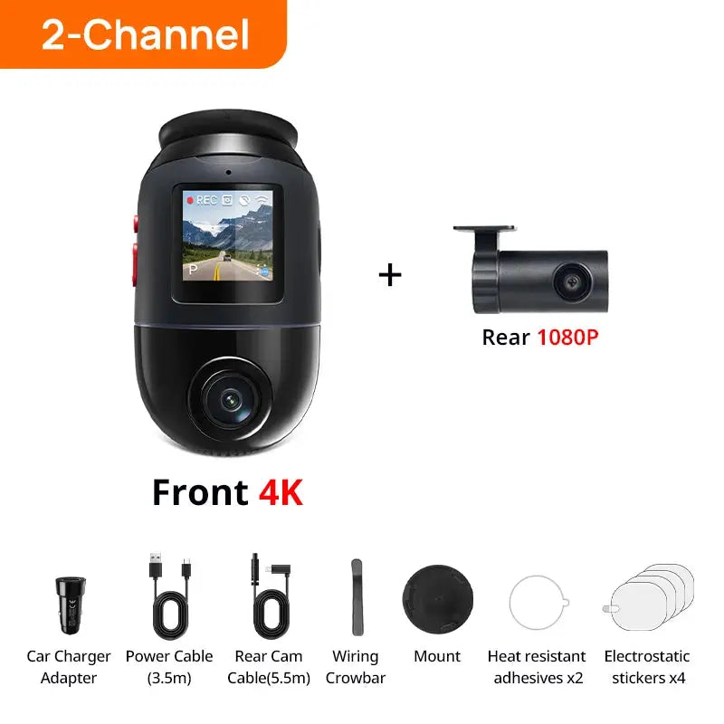 70mai Dash Cam 4K Omni X800 dual-channel kit with front 4K and rear 1080p cameras and accessories