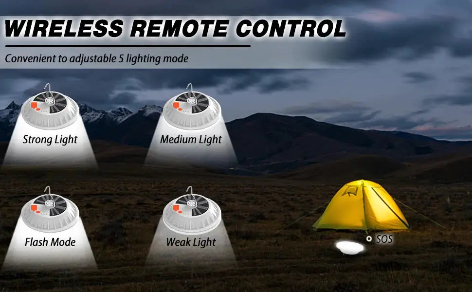 LED camping lanterns, 5 units, with hanging hook; solar USB rechargeable, showing strong, medium, flash and weak modes.