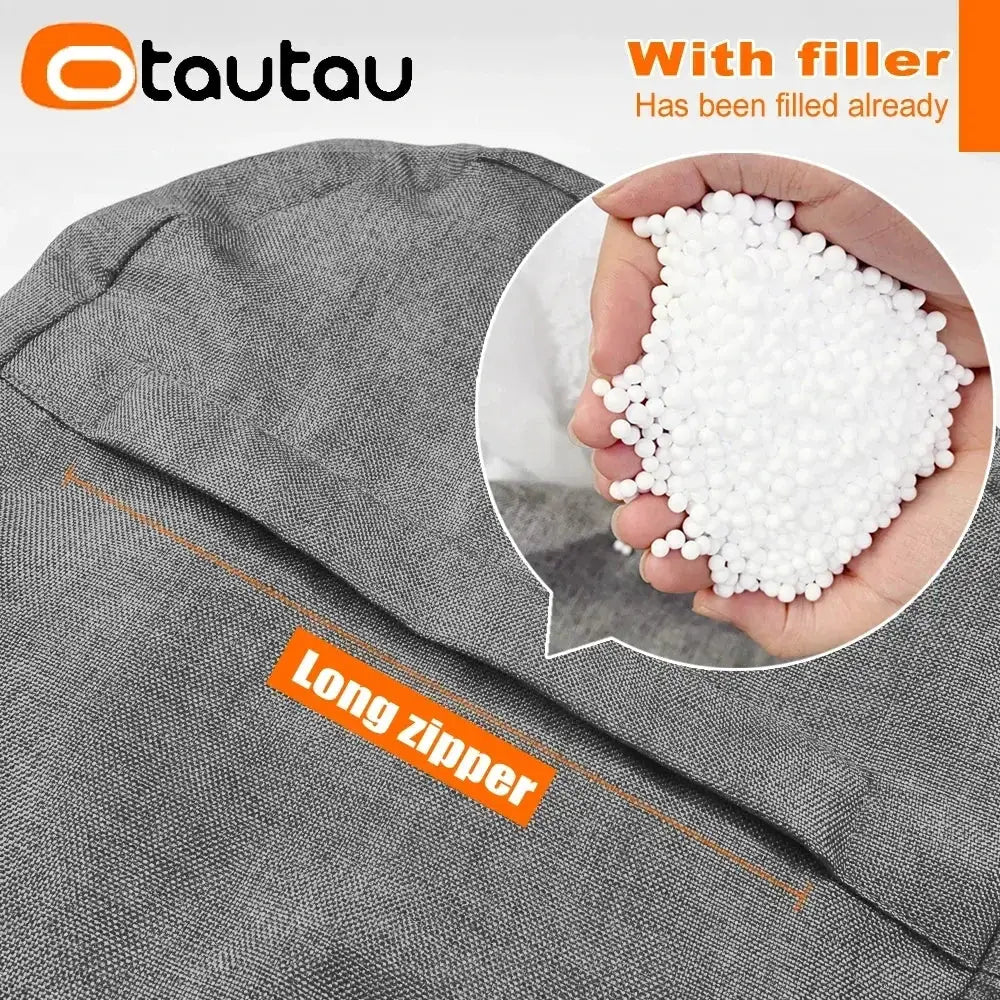 OTAUTAU Linen bean bag chair with white bead filling by Simples Market; gray linen cover, long zipper.