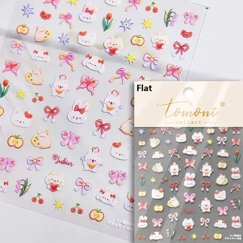 Nail art stickers Tomoni; self-adhesive pink translucent jelly texture 5D embossed peach-themed fruit and cat designs