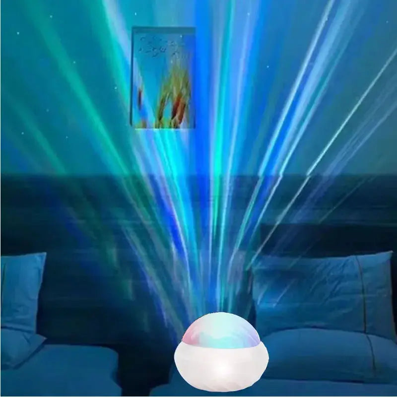 Northern Light RGB projector lamp with remote, USB power, 360° rotation projecting blue-green aurora beams.