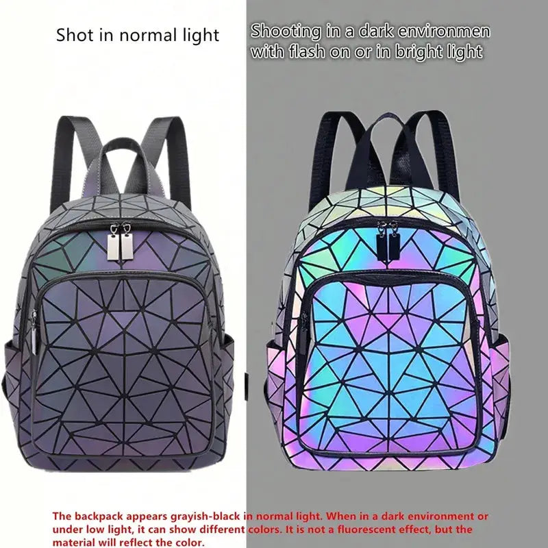 Luminous geometric backpacks; two shown in gray-black matte and holographic rainbow PVC for teen school use.