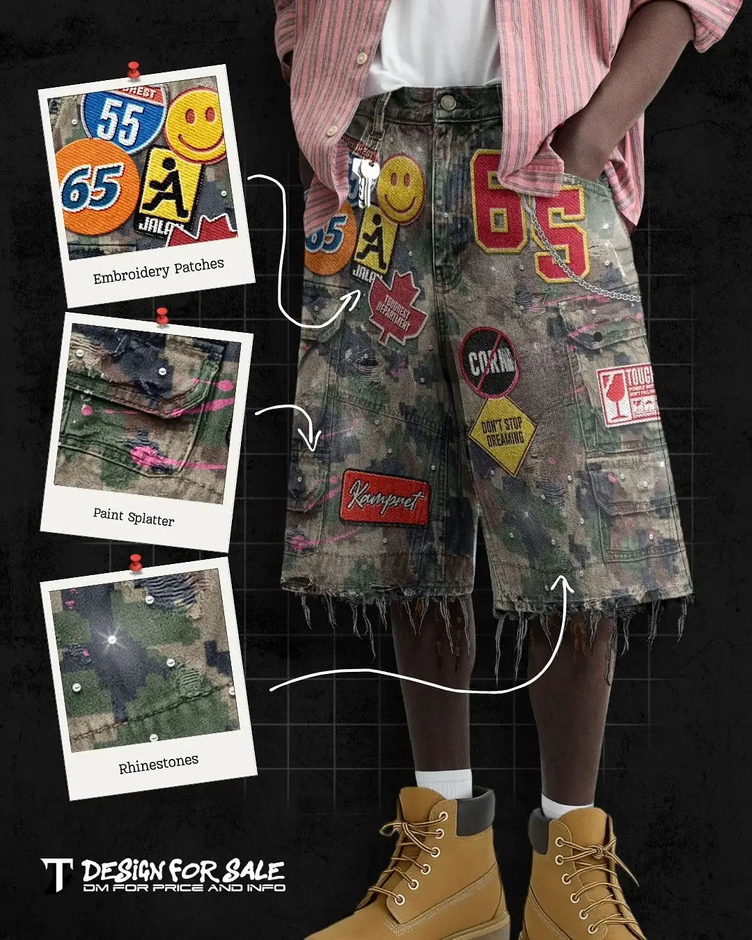 Patchwork denim shorts with embroidery patches, paint splatters, rhinestones, camo print and frayed hems.