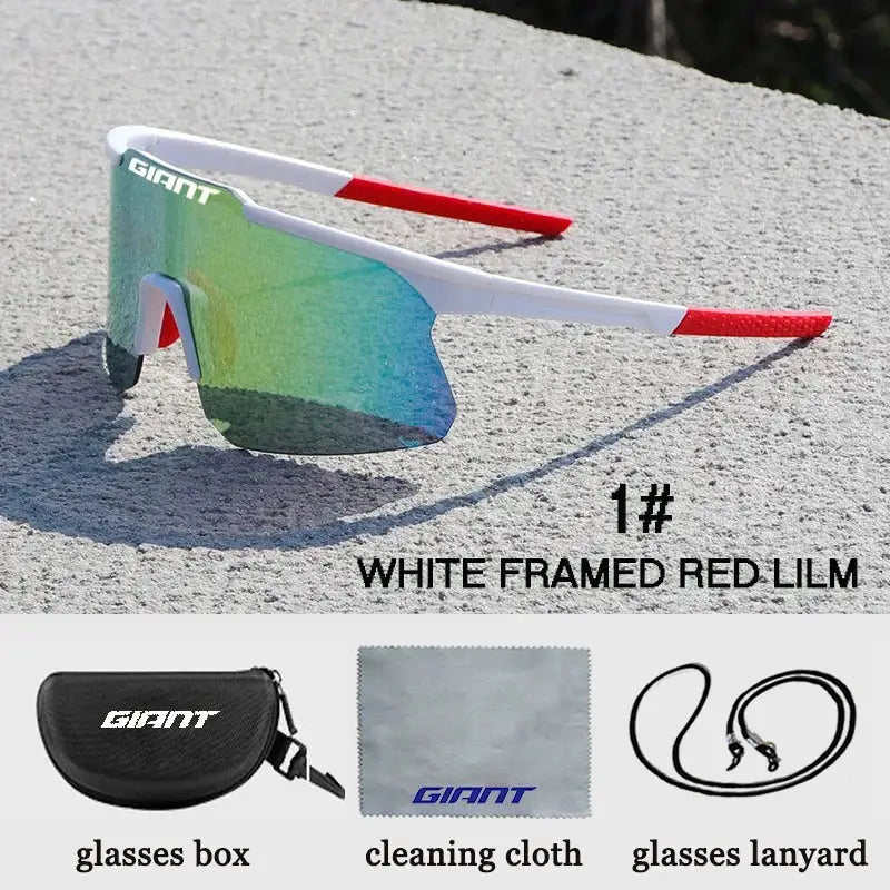 GIANT cycling sunglasses with white TR90 frame, red tips, UV400 gradient green-blue mirrored lenses, with case.