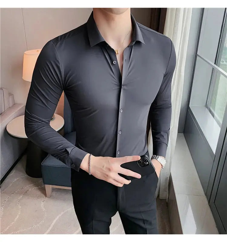 Seamless slim-fit long-sleeve shirt by Simples Market; charcoal gray, high-elasticity fabric, plus-size 4XL.
