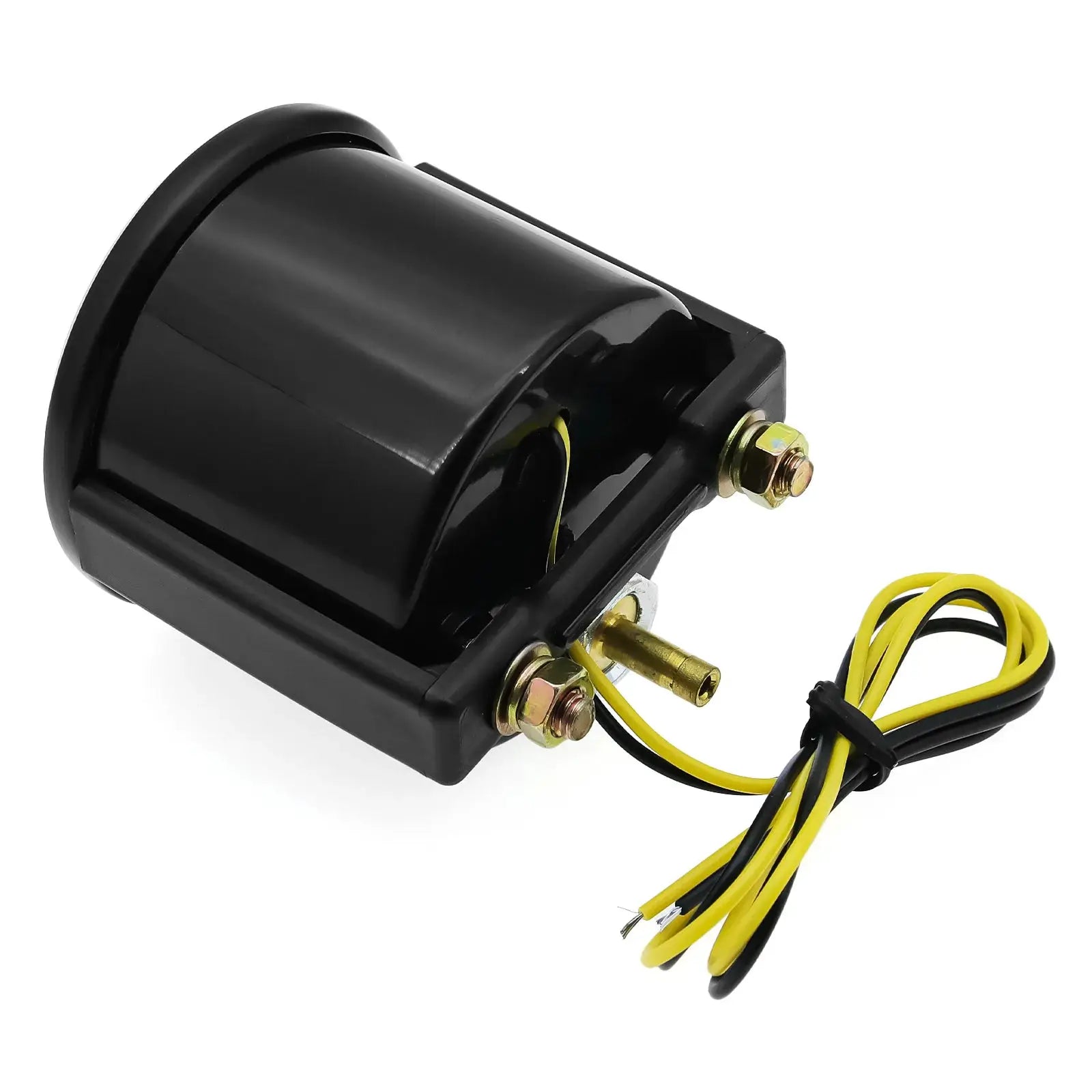 Black 2-inch 52mm tachometer gauge housing with mounting studs and yellow wiring harness