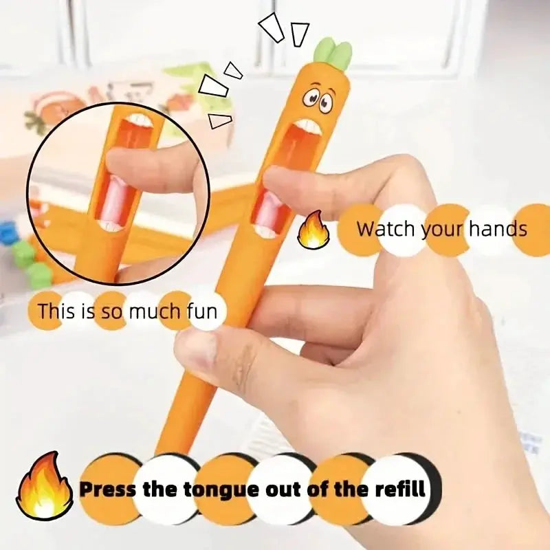 Simples Market radish-shaped gel pens, 4pcs, orange bodies with green leaves, black ink, Easter stationery set.