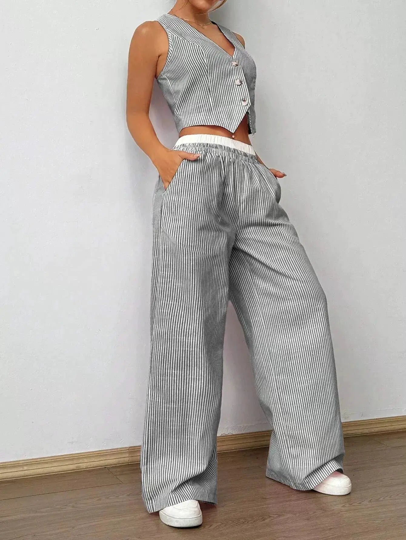 2025 Striped Sleeveless V Neck Vest and Color Wide Leg Pants Set