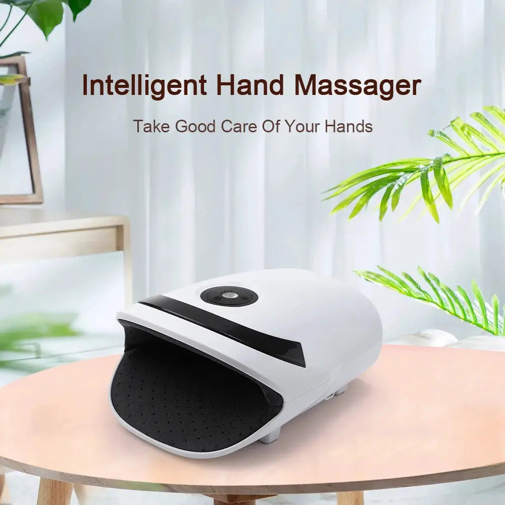 Smart airbag hand massager, white plastic device with black perforated palm rest and circular control button