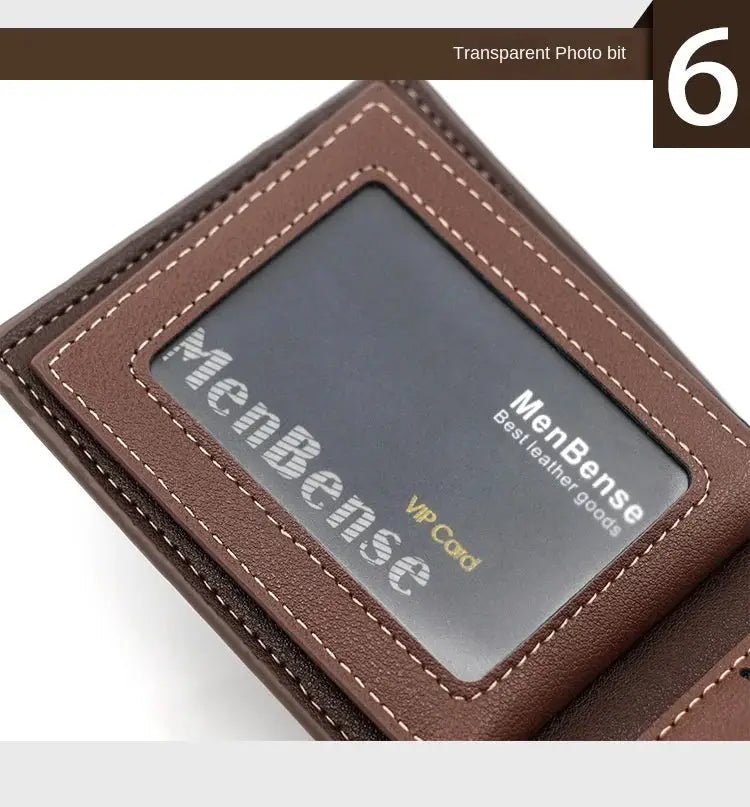 Men's brown PU leather wallet with transparent ID window and white stitching, MenBense branding