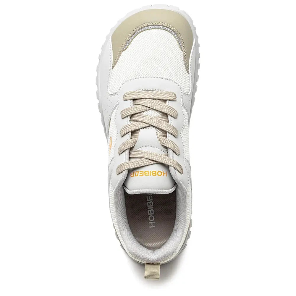 HOBIBEAR unisex wide-toe sneakers with beige laces and white mesh upper, lace-up walking running shoes.