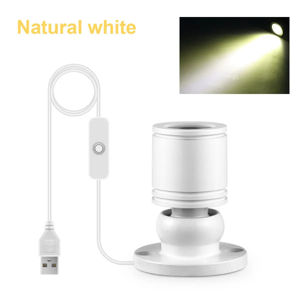 USB powered 1W LED spotlight, white mini ceiling light with base and looped USB cord