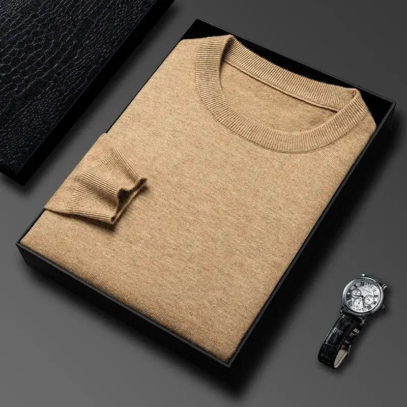 Men's camel knitted sweater, Simples Market, round-neck long-sleeve; 2-item display with wristwatch