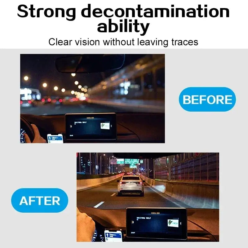 Car windshield cleaner effervescent tablets by Simples Market for universal auto glass; before and after clear vision.