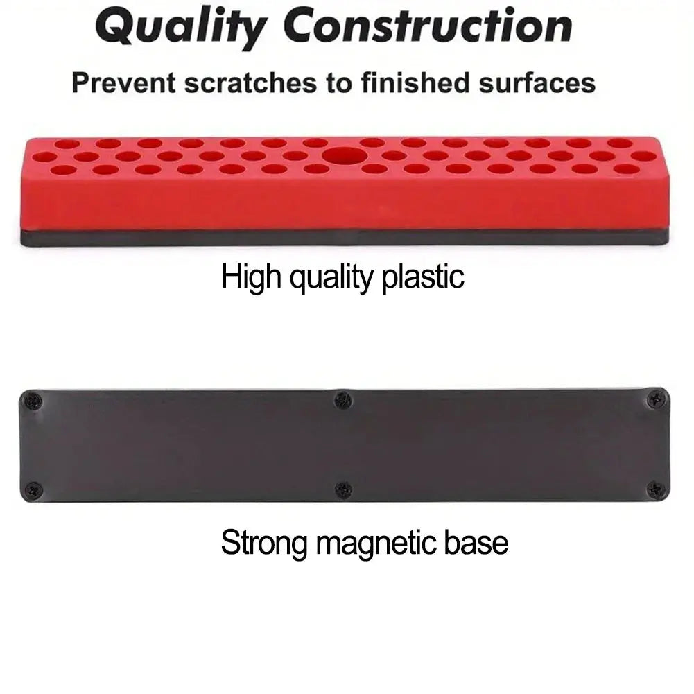 Simples Market 43-hole magnetic hex bit holder organizer, red top with black base for 1/4 inch screwdriver bits.