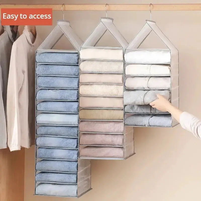Simples Market wardrobe hanging storage cabinet organizer with multi-tier fabric shelves in blue, beige and gray
