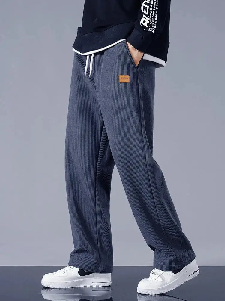 Simples Market men's fleece-lined corduroy sweatpants with drawstring waist, loose straight fit, blue