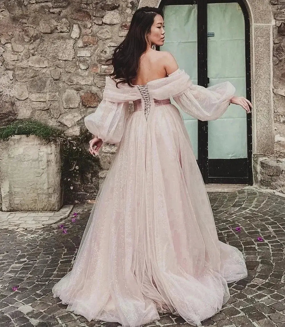 Bafftafe Pink Shiny Tulle Prom Dress Off Shoulder Puff Sleeve Dress