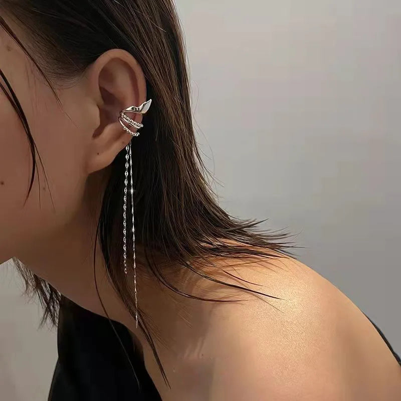 Elf ear clip long chain tassel earrings for women, leaf-shaped silver-tone ear cuff with dangling chains