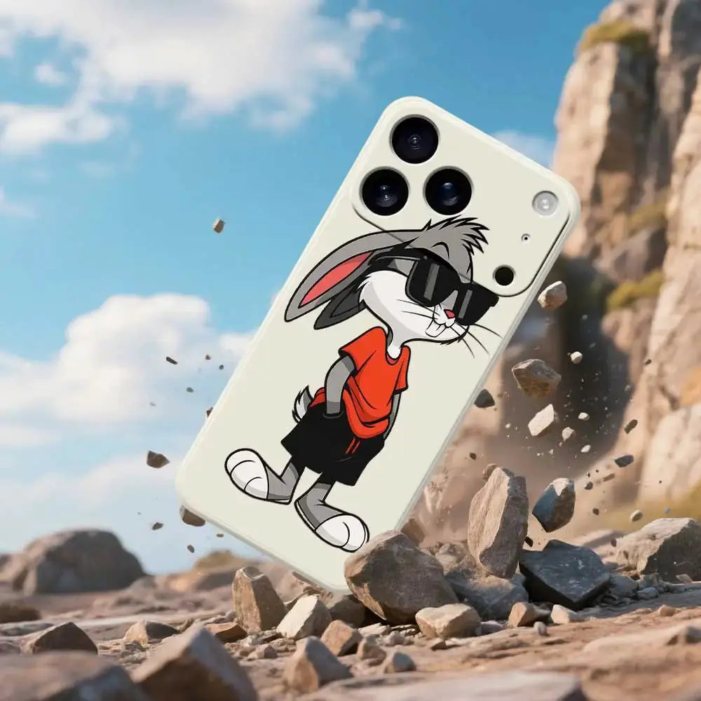 Simples Market silicone rabbit phone case for iPhone 17 Pro Max to XR, cream with sunglasses cartoon bunny