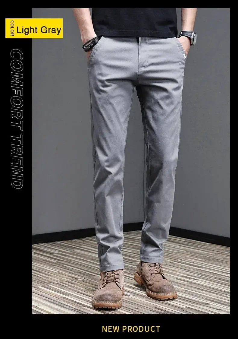 Men's light gray cotton casual pants, slim-fit with stretch