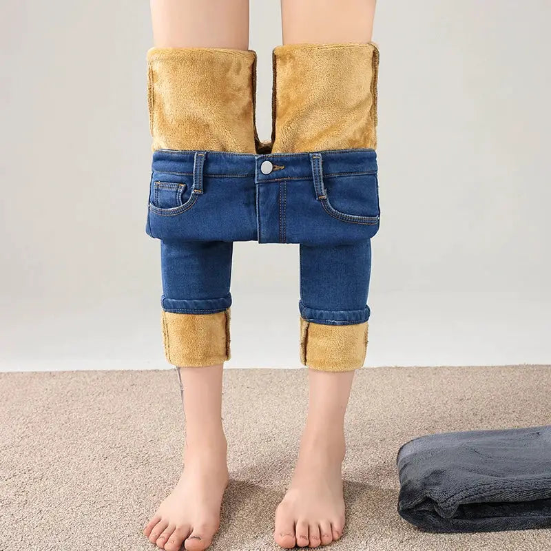 Women Thermal Jeans Fleece Lined Warm Stretch Slim Fit Pants Korean