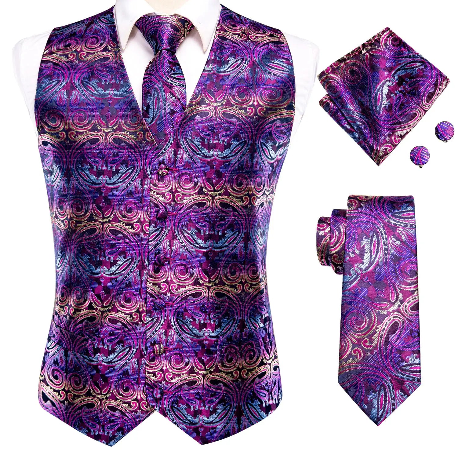 Simples Market purple paisley waistcoat set with tie, pocket square and cufflinks