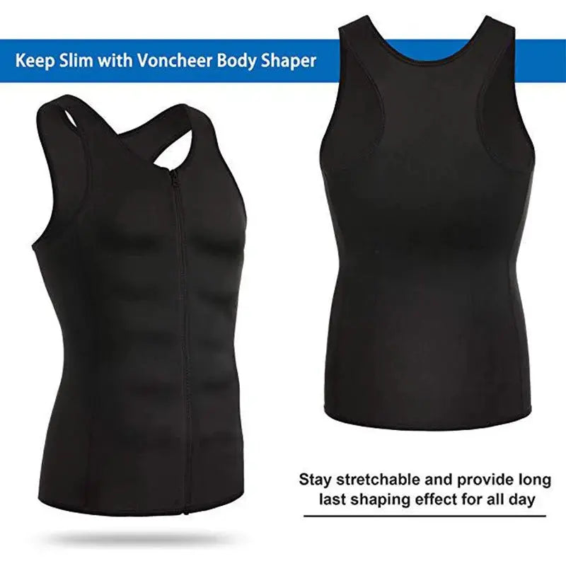 Simples Market men's slimming compression vest, black sleeveless shapewear with front zipper; shown in two views.