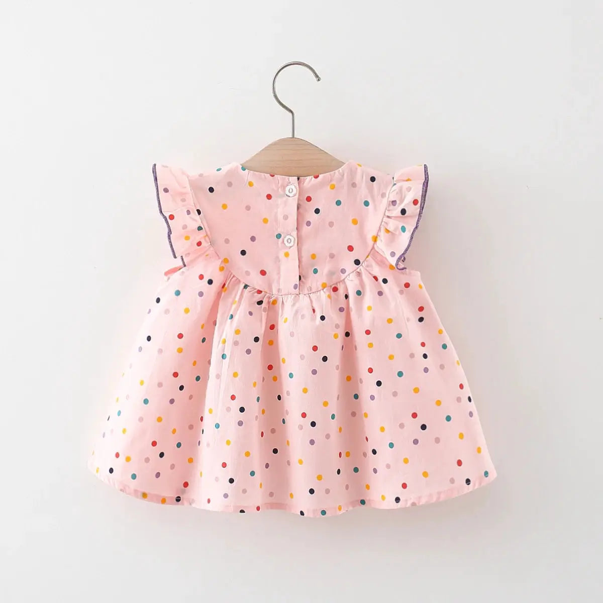 Cotton Baby Dress With Flower Embroidery And Colorful Polka Dot Print For Comfortable Summer Casual Wear