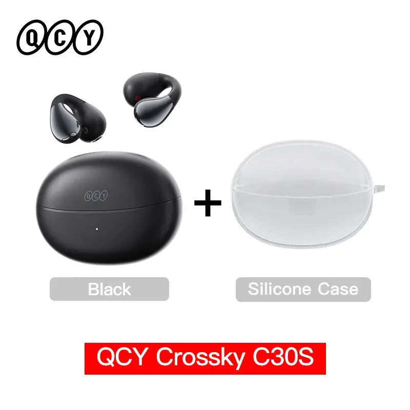 QCY Crossky C30S open-ear wireless earphones with black charging case and white silicone case (2 earbuds)