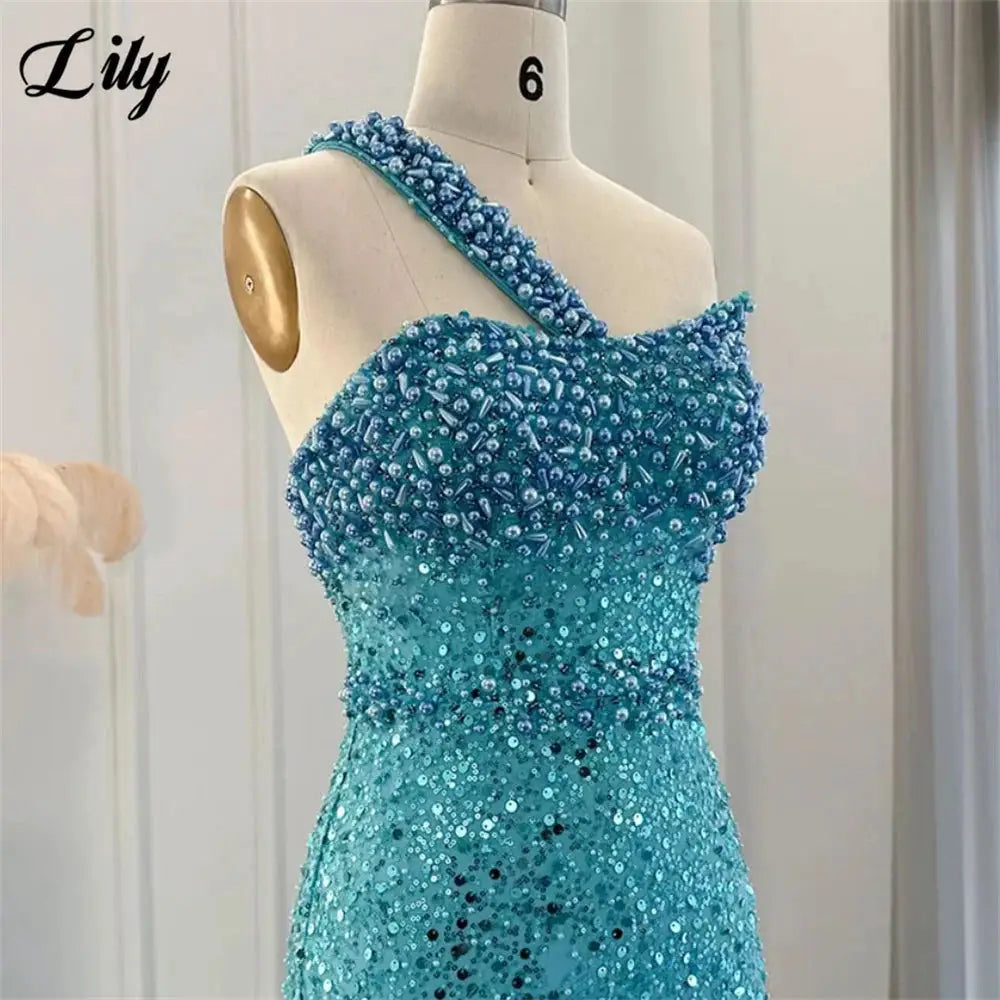 Lily Blue Prom Dress One Shoulder Sleeveless Mermaid Gown Rhinestones