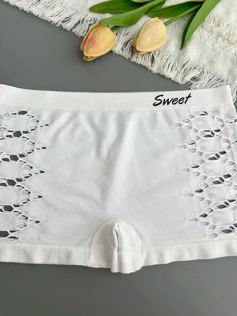 White seamless underpants with side openwork mesh panels and Sweet waistband detail