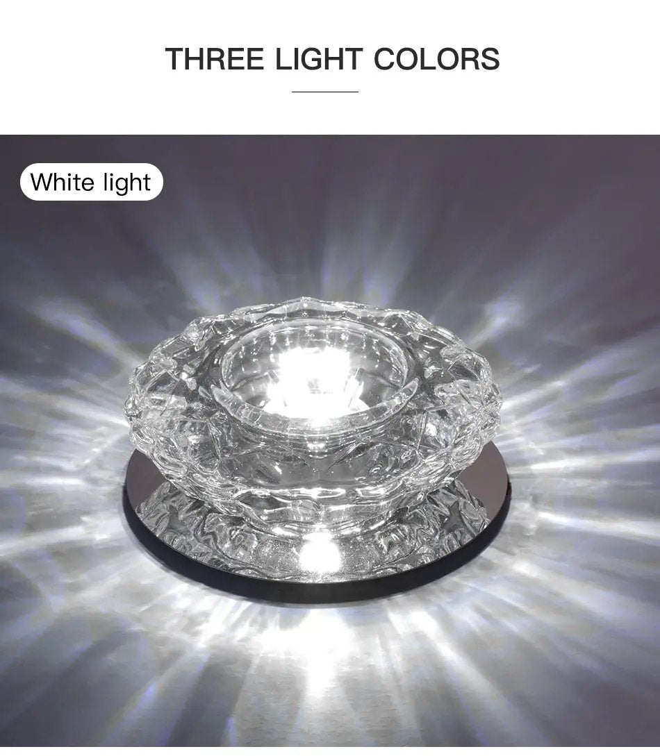 Crystal flush LED ceiling lamp with faceted glass shade emitting white light.