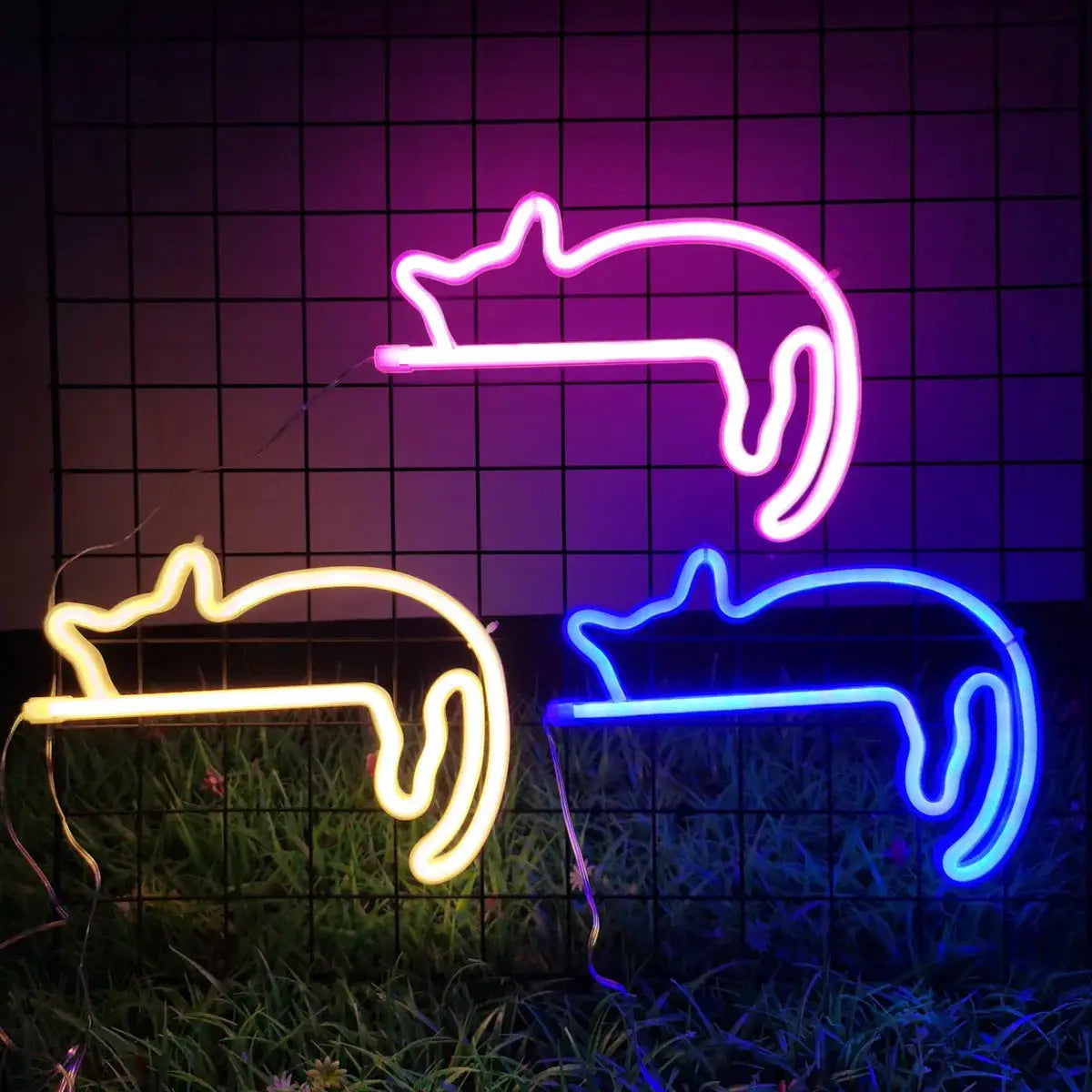 Cat neon sign set of 3; USB-powered wall decor neon cats in pink, yellow and blue.
