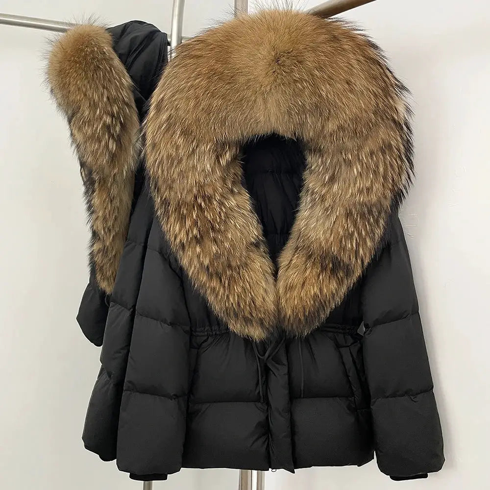 Womens Real Fox Fur Collar Duck Down Coat With Raccoon Fur Trim Hooded Puffer Jacket