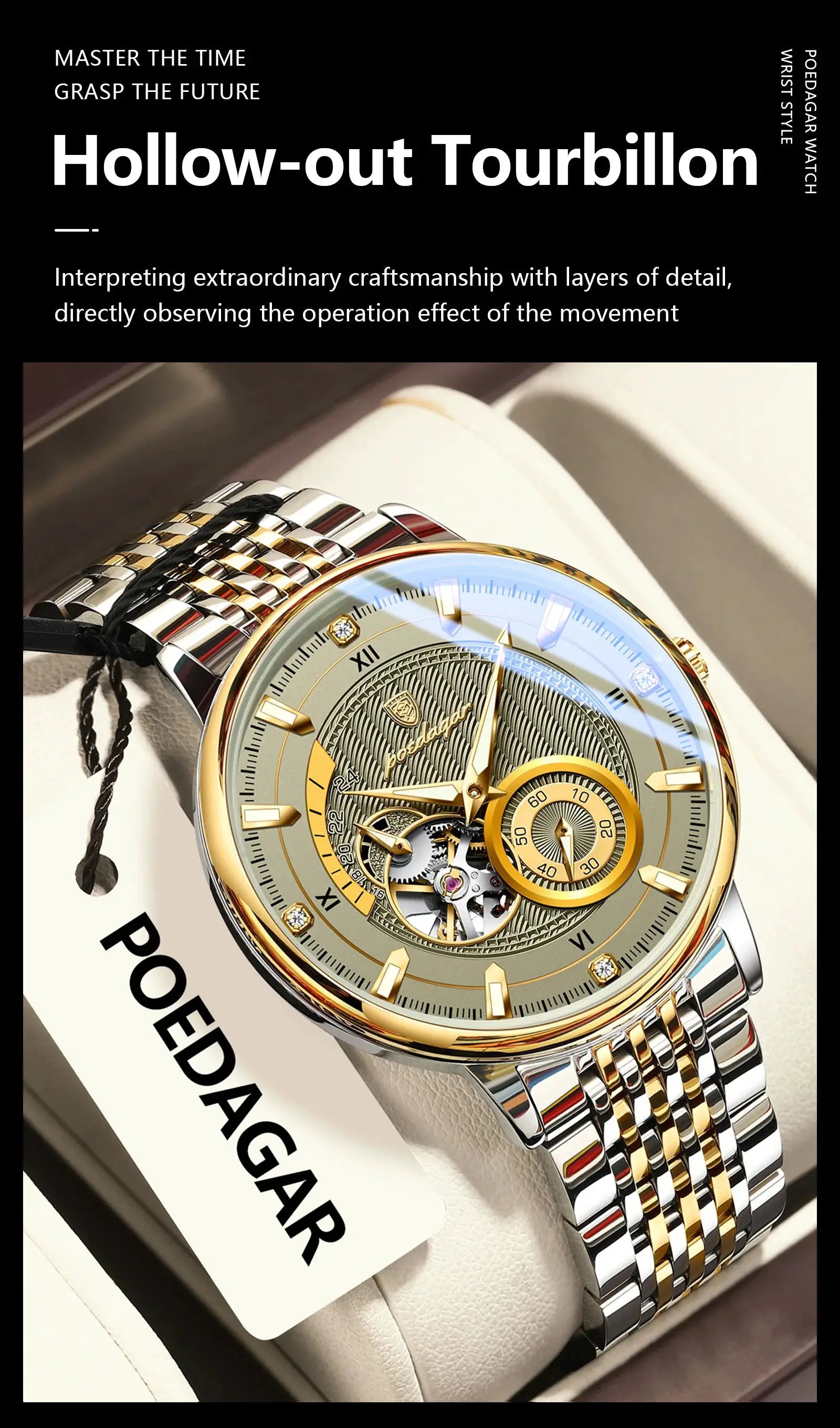 POEDAGAR luxury men's wristwatch with luminous hollow tourbillon, two-tone stainless steel bracelet