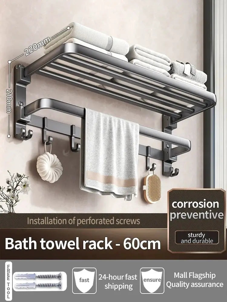 Simples Market folding aluminum towel rack, 60cm, grey/black finish with hooks and towel bar