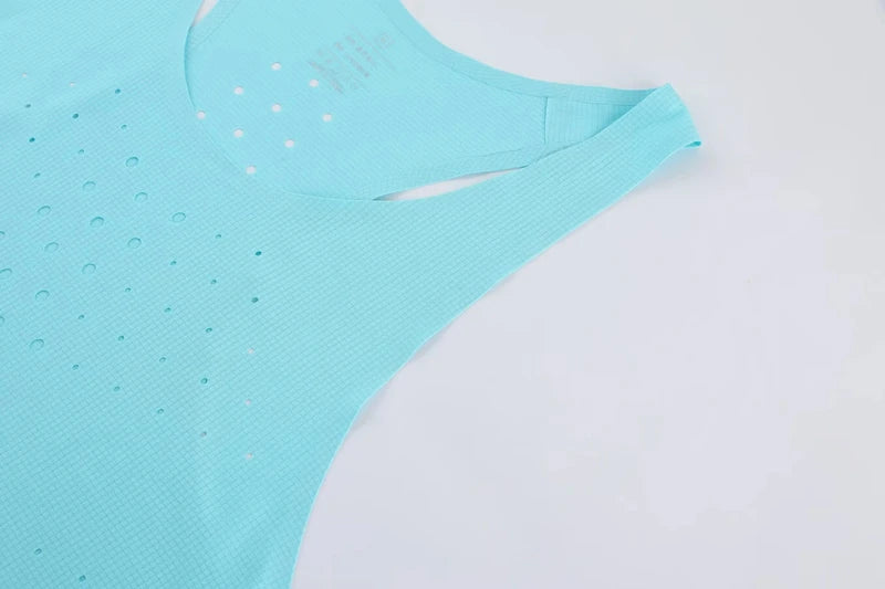 Athletics tank top in aqua perforated mesh fabric.