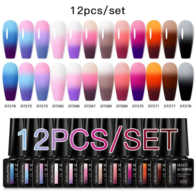 Gel nail polish set: Meet Across 12-piece kit with pink glitter and blue gradient shades by Simples Market