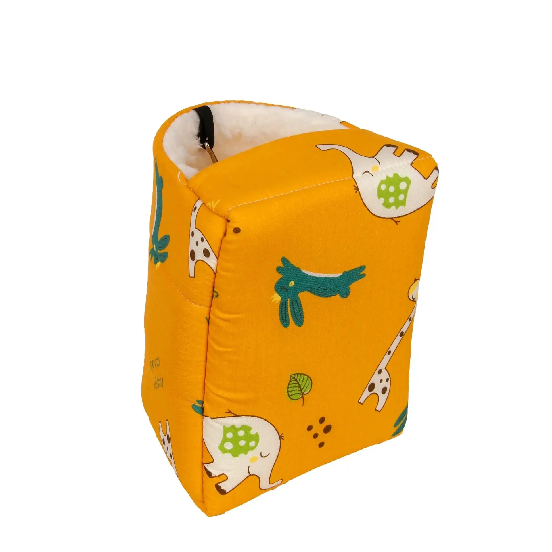 Small animal bed orange with white plush lining and bird-print pattern by Simples Market