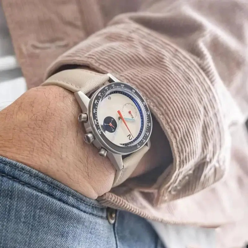 CILOA men's luxury watch with beige leather strap, silver case, chronograph subdials and tachymeter bezel.