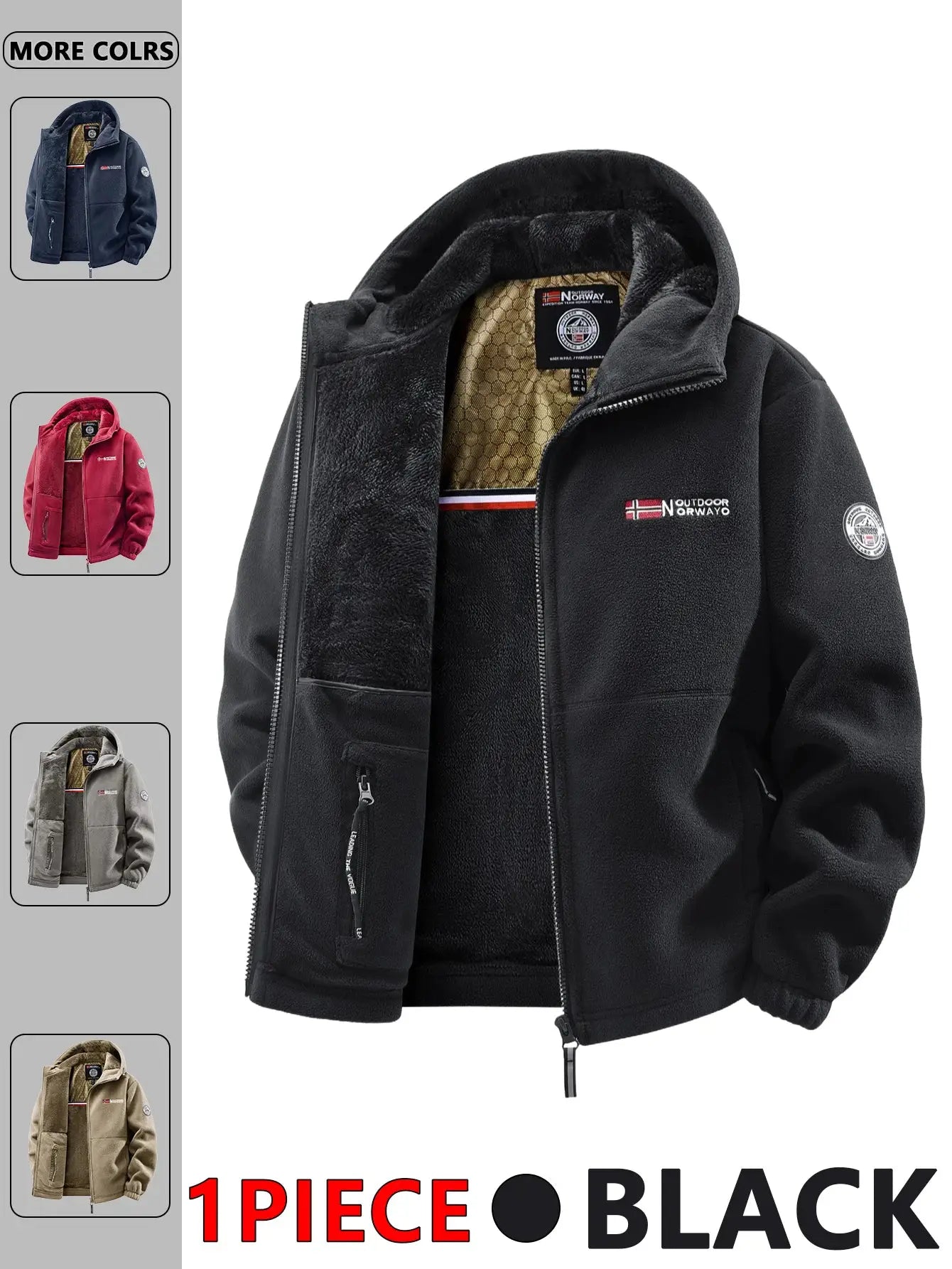 Men's black Simples Market outdoor hooded jacket with plush fleece lining and zip front.