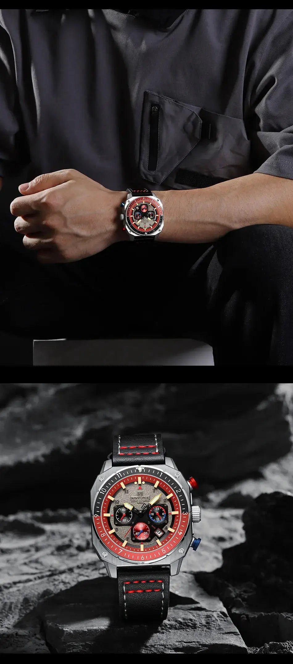NAVIFORCE men's sport multifunction waterproof wristwatch with red bezel and black leather strap with red stitching
