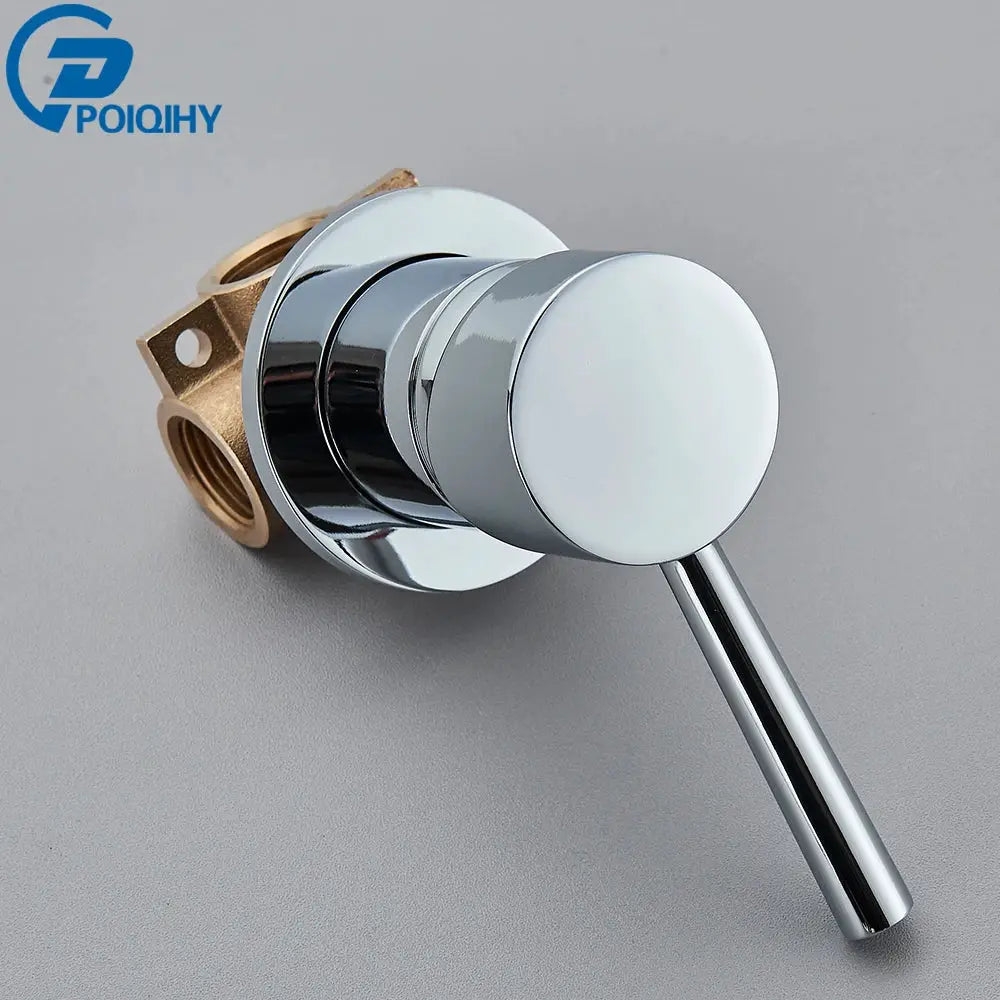 Brass bathroom mixer tap with chrome finish, concealed valve and tubular handle; Simples Market, POIQIHY logo visible