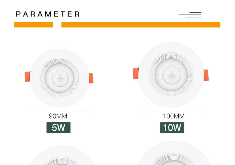 PIR motion sensor LED downlight, white round recessed ceiling lights; two units in 5W and 10W sizes (90mm/100mm).