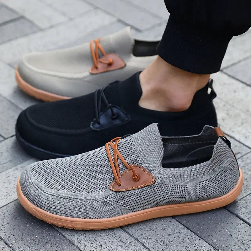Barefoot minimalist sneakers; three pairs in grey, black, beige with breathable knit uppers and tan rubber soles